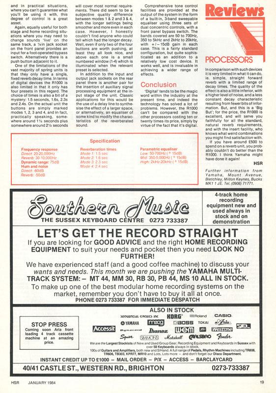1984 Yamaha R1000 Digital Reverberation Magazine Article Specifications